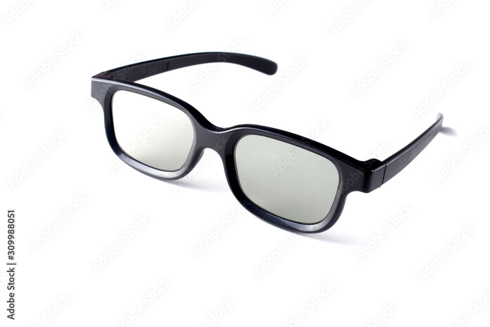 black plastic glasses for 3D cinema on a white isolated background close-up with plastic lenses.