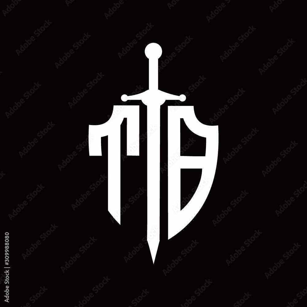 TB logo with shield shape and sword design template TB logo with shield shape and sword design template