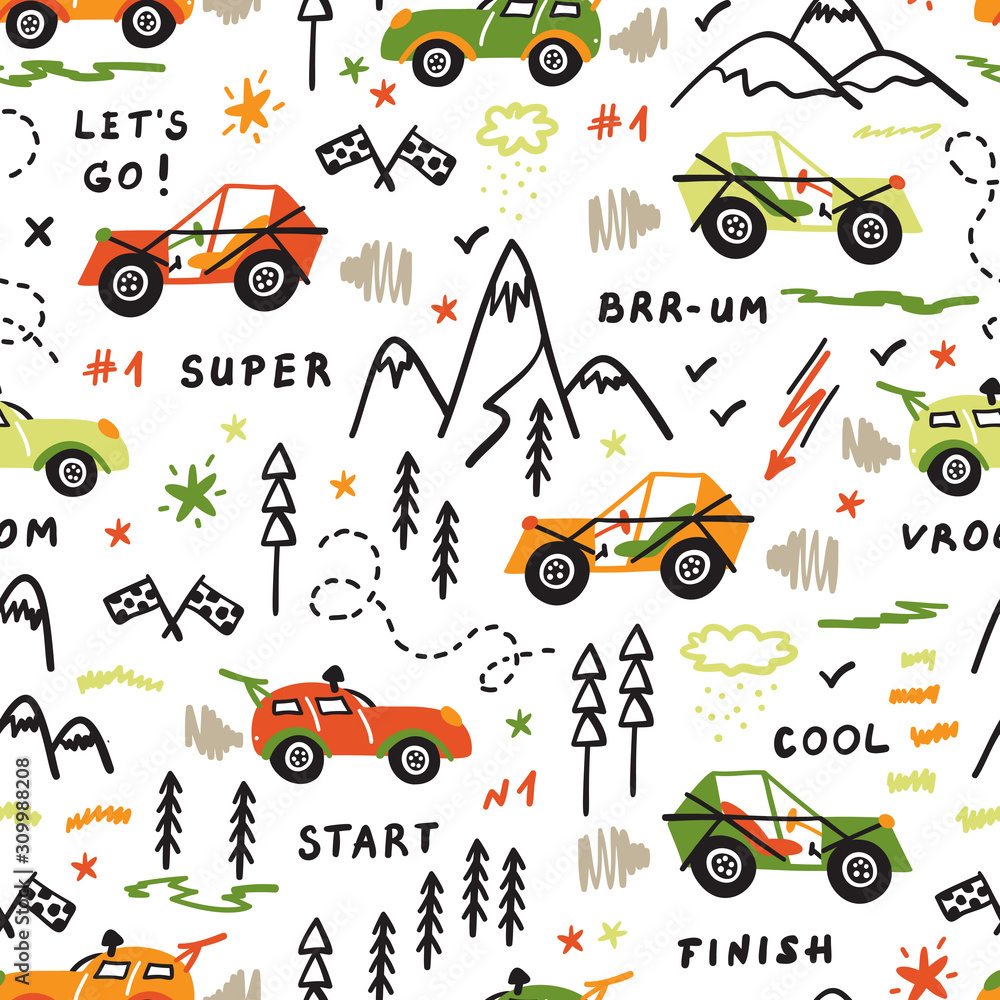 Toy Racing Cars Vector Seamless Pattern with Doodle Buggy Car and  Highlands. Cartoon Transportation Background for Kids Stock Vector | Adobe  Stock