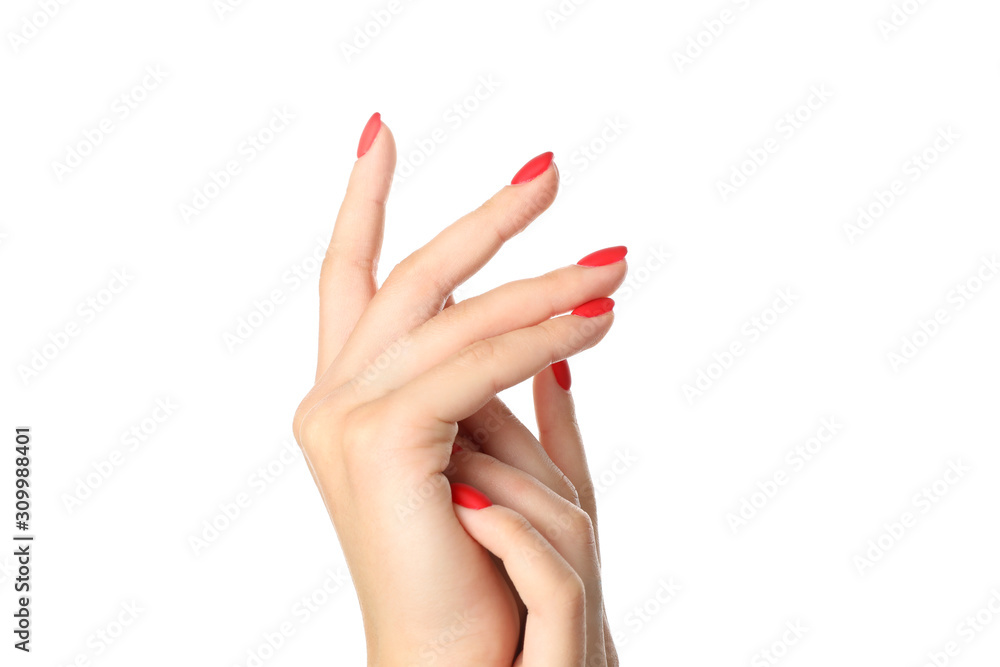 Woman hands with red manicure isolated on white background Woman hands with red manicure isolated on white background