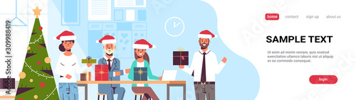business people celebrating corporate party coworkers holding gift present boxes merry christmas happy new year winter holidays concept modern office interior flat portrait horizontal copy space