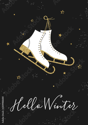 Christmas card with retro ice skates. Gold glitter texture. Hello winter.