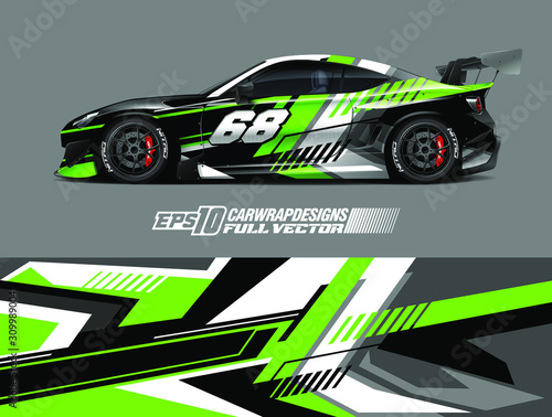 Racing car wrap design vector. Graphic abstract stripe racing background kit designs for wrap vehicle, race car, rally, adventure and livery. Full vector eps 10