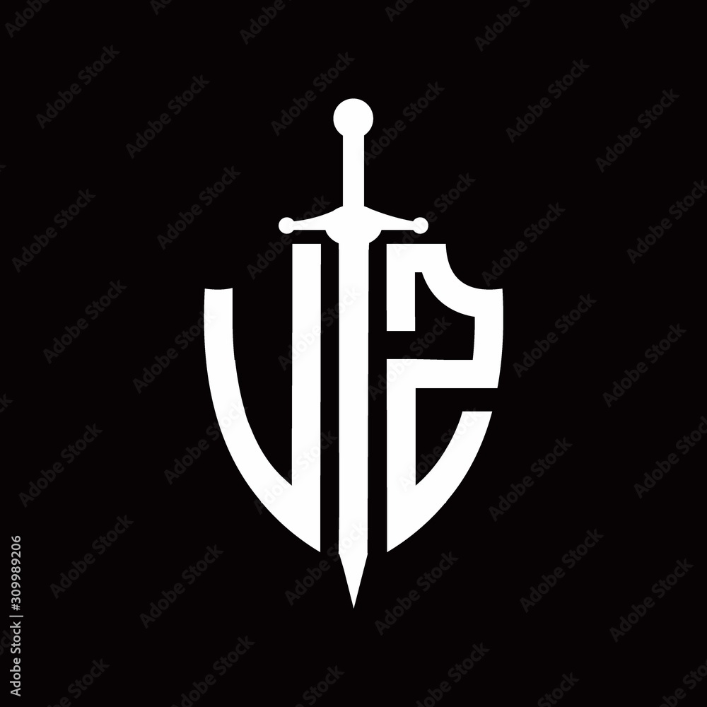 VZ logo with shield shape and sword design template VZ logo with shield shape and sword design template