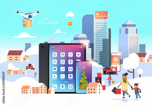 people with shopping bags walking outdoor using online mobile app preparing for christmas new year holidays winter cityscape background horizontal vector illustration