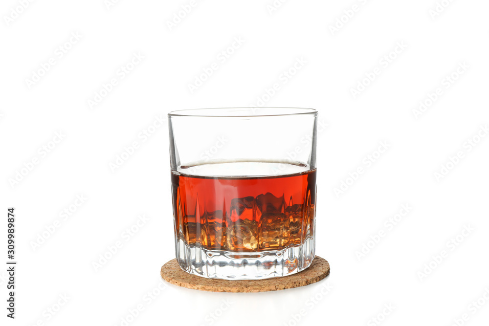 Glass of whiskey on coaster isolated on white background Glass of whiskey on coaster isolated on white background