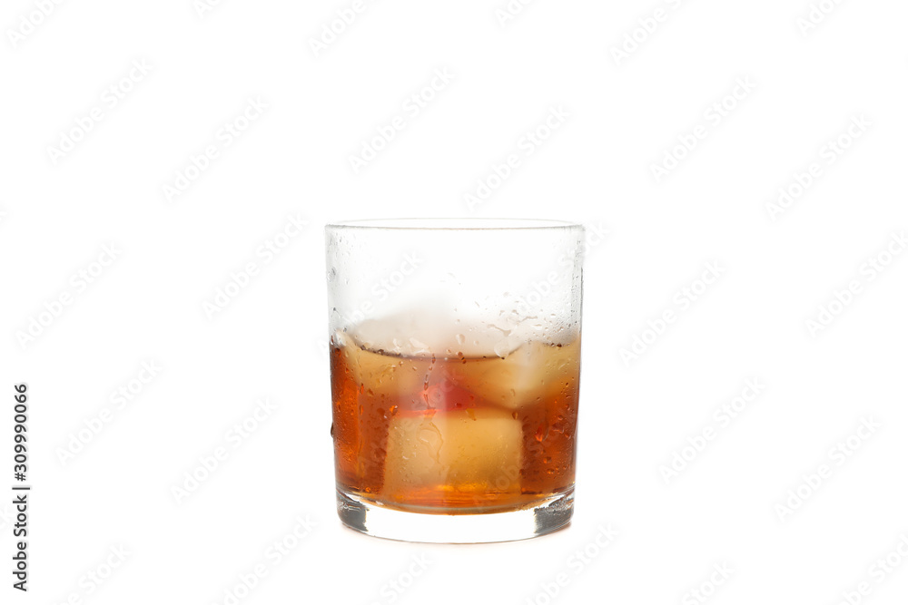 Glass of whiskey with ice cubes isolated on white background Glass of whiskey with ice cubes isolated on white background