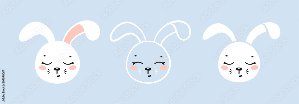 T-shirt Print Design for Kids with Little Cute Bunny Heads. Easter Rabbit Faces. Cartoon Animals Vector Illustration. Baby Shower Scandinavian Poster Design