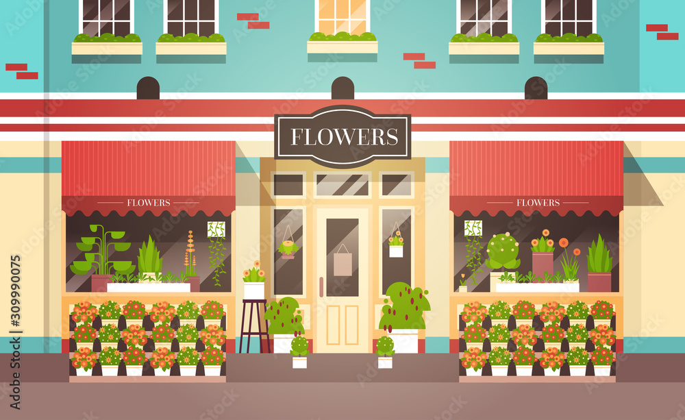 Fototapeta premium florist shop facade decorated with flowers street store exterior flat horizontal vector illustration