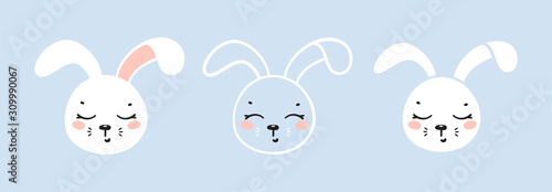 T-shirt Print Design for Kids with Little Cute Bunny Heads. Easter Rabbit Faces. Cartoon Animals Vector Illustration. Baby Shower Scandinavian Poster Design