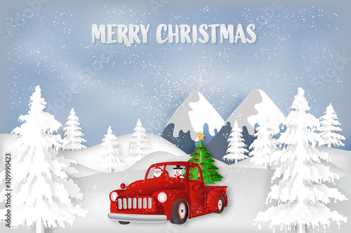 Paper art, cut and digital craft style of Santa Claus and snowman in red car in the merry christmas night and  happy new year 2020 as holiday and x'mas day concept. vector illustration.