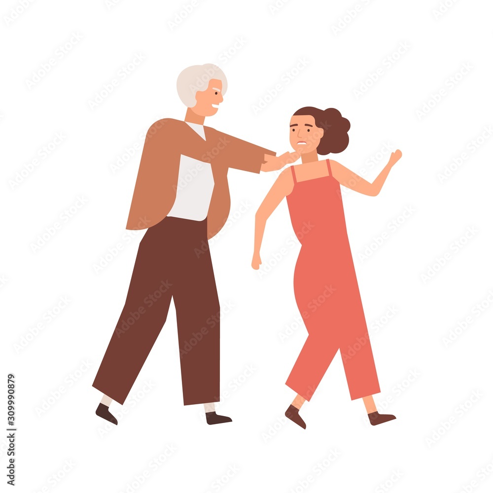 Couple quarreling flat vector illustration. Man pushing woman away cartoon characters. Husband and wife arguing. Tyrant beating frightened girlfriend. Domestic violence, abuse concept.