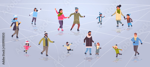 mix race people at ice-skating outdoor rink winter sport activity merry christmas new year holidays concept full length flat horizontal vector illustration