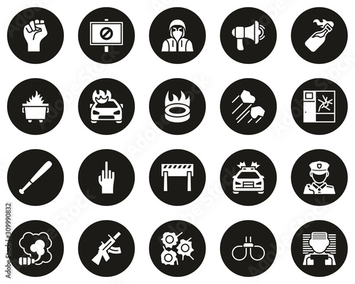 Violent Protest Or Demonstration Icons White On Black Circle Set Big