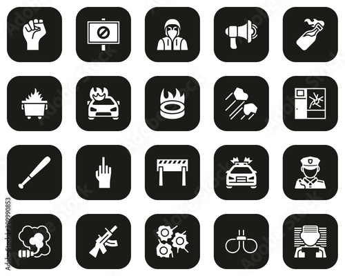 Violent Protest Or Demonstration Icons White On Black Set Big