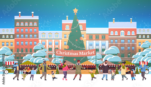 christmas market or holiday outdoor fair with decorated fir tree mix race people walking near stalls merry xmas new year winter holidays celebration concept modern cityscape background horizontal