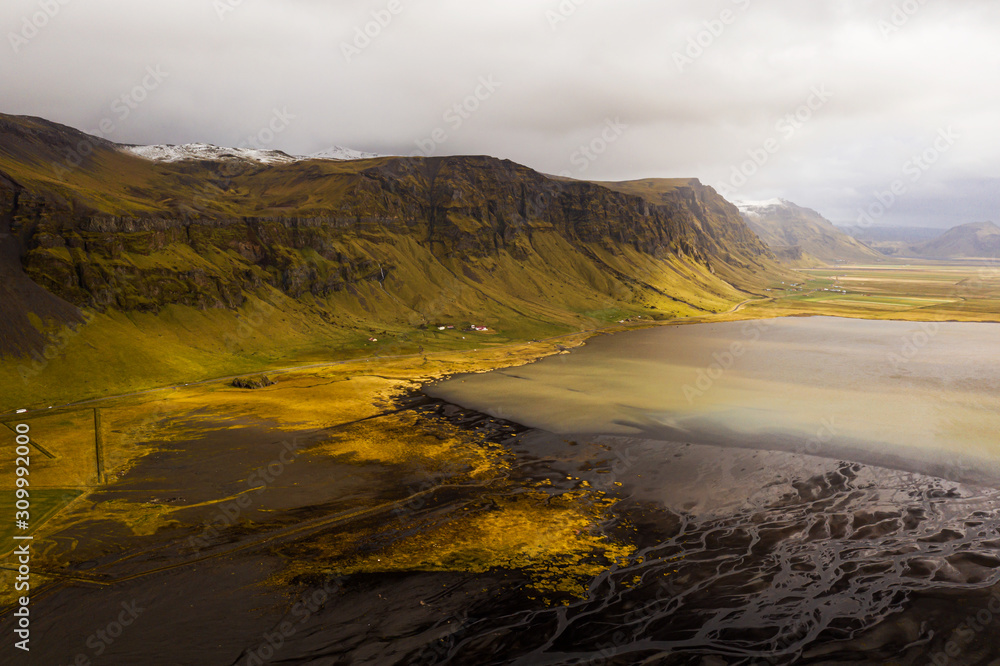 Aerial: Icelandic landscape. South East Iceland