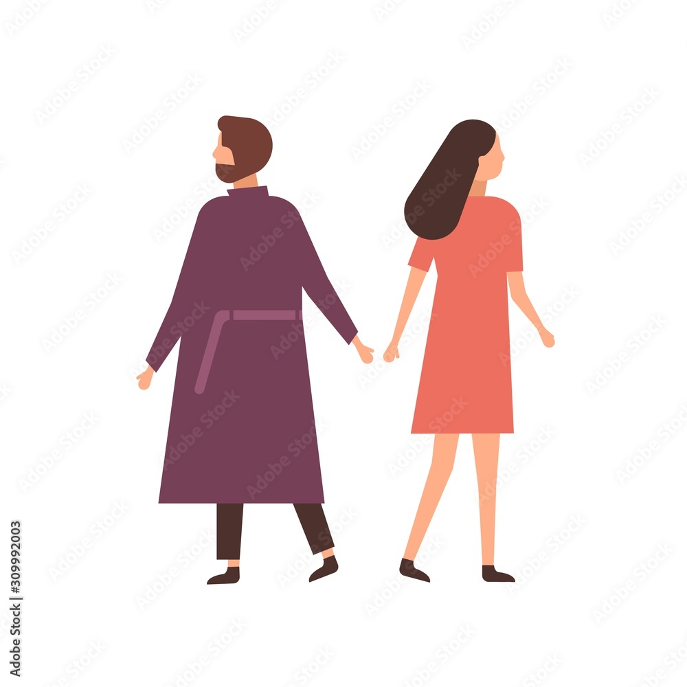 Family breakup flat vector illustration. Husband and wife arguing cartoon characters. Offended partners separation. Spouses on brink of divorce. Interpersonal misunderstandings and estrangement. Family breakup flat vector illustration. Husband and wife arguing cartoon characters. Offended partners separation. Spouses on brink of divorce. Interpersonal misunderstandings and estrangement.
