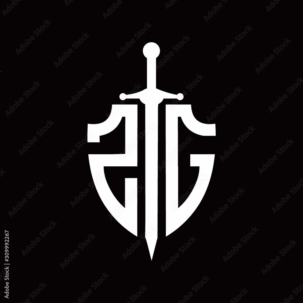 ZG logo with shield shape and sword design template ZG logo with shield shape and sword design template