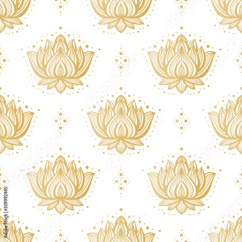 Ethnic Oriental Mehndi Lotus Flower Symbol Seamless Pattern. Golden Ornamental Floral Pattern Vector Background