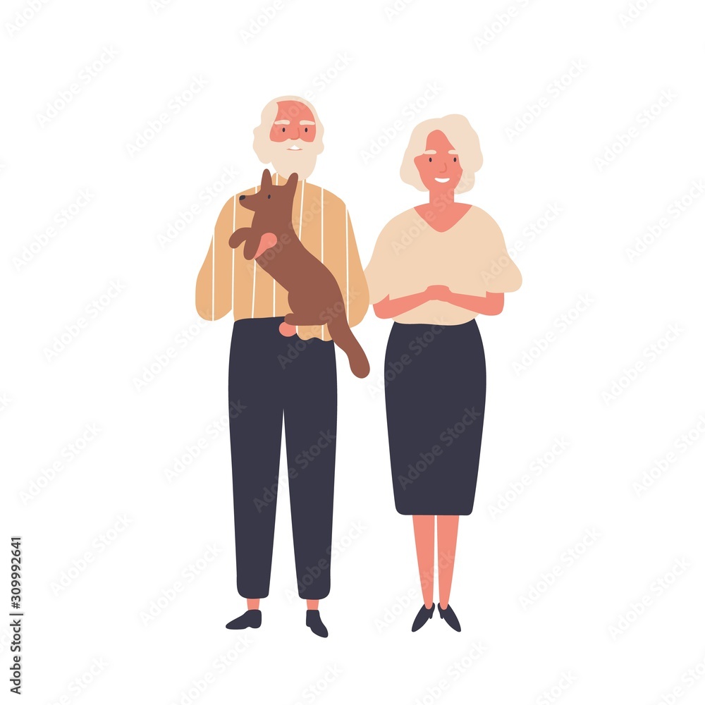Cheerful old couple flat vector illustration. Aged man and woman, senior  adults standing together cartoon characters. Elderly married pair, husband  and wife with dog. Happy marriage, retirement. Stock Vector | Adobe Stock