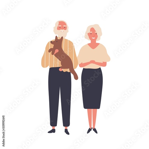 Cheerful old couple flat vector illustration. Aged man and woman, senior adults standing together cartoon characters. Elderly married pair, husband and wife with dog. Happy marriage, retirement.