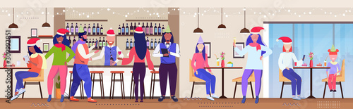 people celebrating christmas party mix race cafe visitors in santa hats having fun xmas new year winter holidays concept modern restaurant interior full length horizontal vector illustration