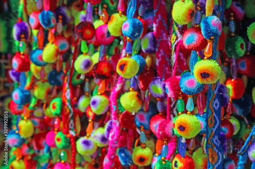 Closeup colorful traditional pompom crafts of Peru