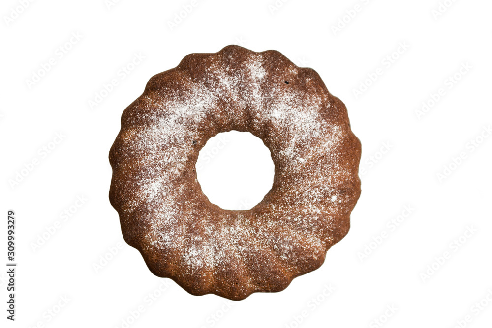 round chocolate cake with cocoa sprinkled with powdered sugar on a white isolated background round chocolate cake with cocoa sprinkled with powdered sugar on a white isolated background