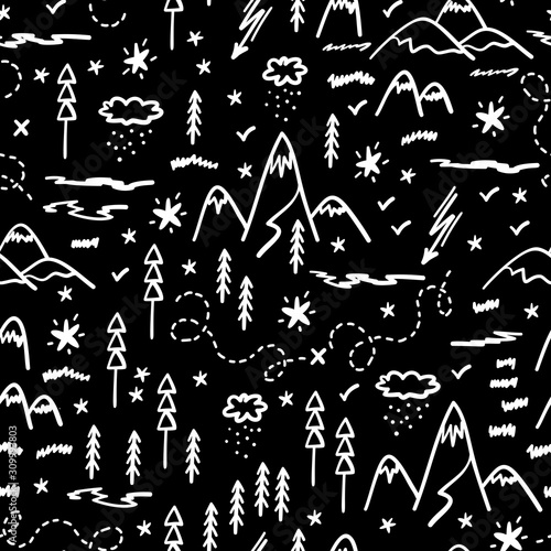 Camping Nature Vector Background for Kids. Cartoon Mountain and Forest Area Map Seamless Pattern. Hand Drawn Doodle Mountains, Hills, Trees, Hiking Trails and Night Starry Sky