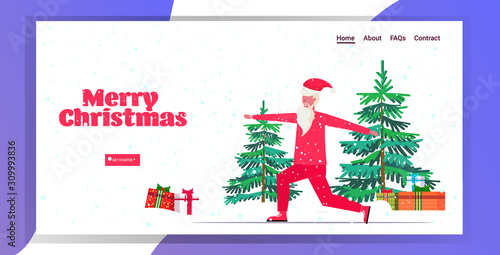 santa claus doing squats exercises bearded man training workout healthy lifestyle concept christmas new year holidays celebration snowfall background horizontal greeting card full length vector