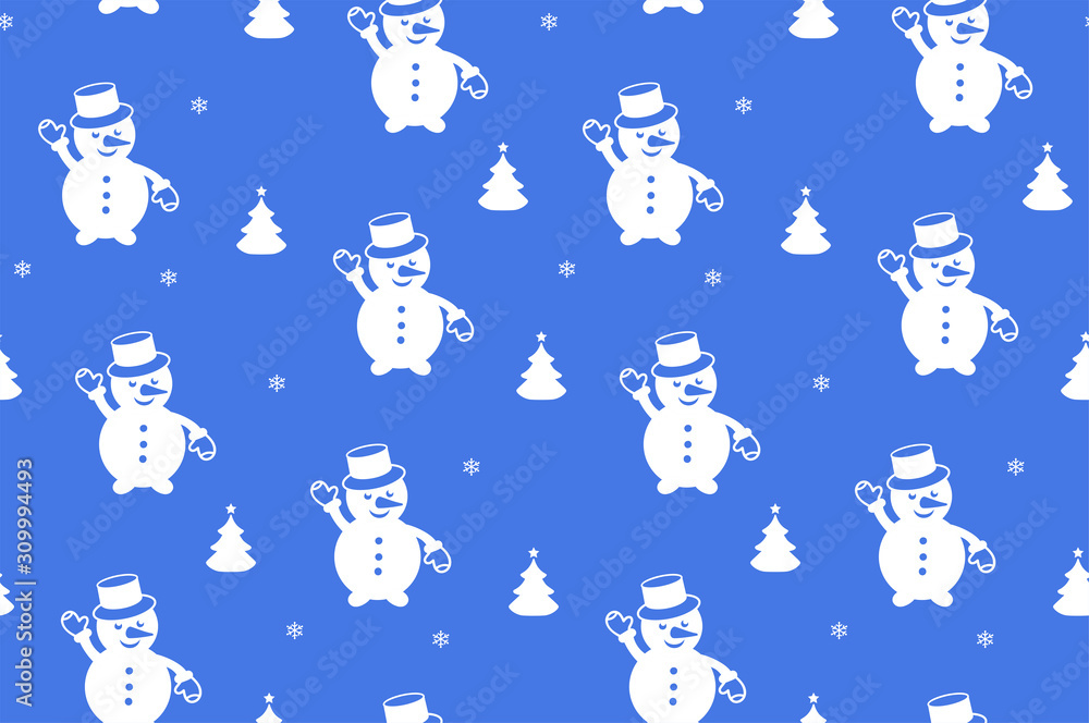 Snowman and christmas tree seamless pattern. Winter blue white simple monochrome vector background