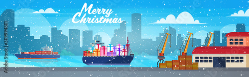 container cargo ship with gift present boxes logistic ocean transportation sea port concept christmas new year winter holidays celebration greeting card horizontal vector illustration