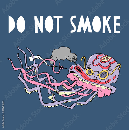 Pink jellyfish with a mouthpiece and glasses. Color illustration with a call to action, sticker, print on t-shirt, poster, children's theme.