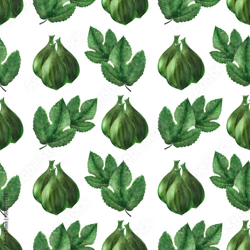 Watercolor seamless pattern with Fig leaves and fruits