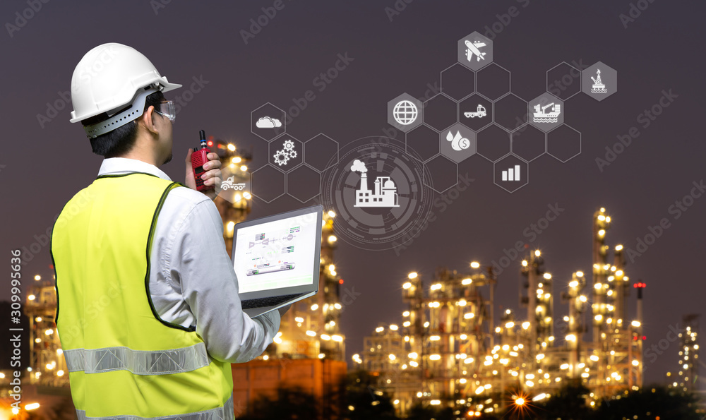 Engineer holding walkie talkie are working at refinery plant with icon connecting networking, Concept image Engineer holding walkie talkie are working at refinery plant with icon connecting networking, Concept image