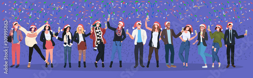 businesspeople in santa hats having confetti corporate party mix race business people celebrating merry christmas happy new year winter holidays concept horizontal full length vector illustration
