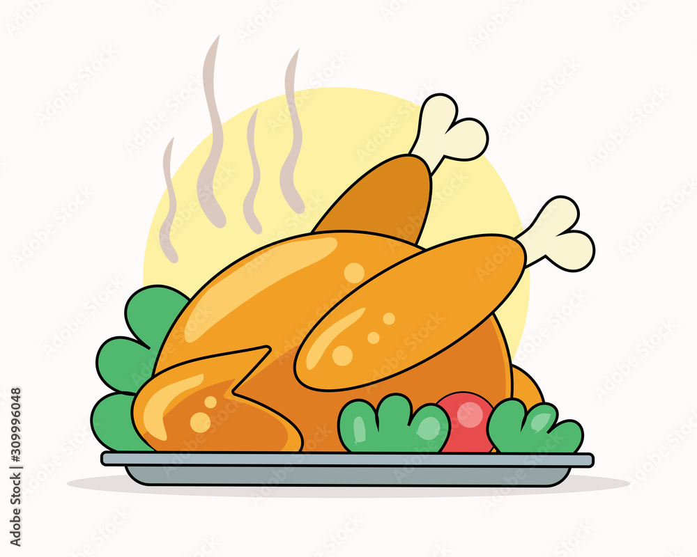 Roasted or baked turkey on a platter. Food for Thanksgiven day in cute cartoon vector for your design Roasted or baked turkey on a platter. Food for Thanksgiven day in cute cartoon vector for your design