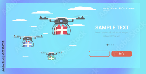 drones delivering gift present boxes sky transportation shipping air mail express delivery concept christmas holidays celebration horizontal copy space vector illustration