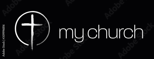 Christian worship and praise. Cross in watercolor style with empty space. Text: my church