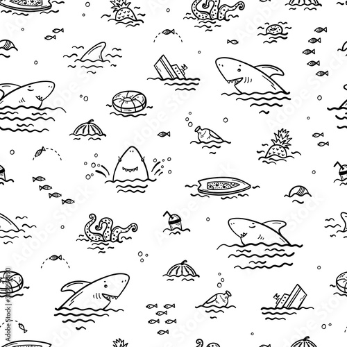 Cartoon Summer Sea Background for Kids. Vector Seamless Childish Pattern with Doodle Cute Shark Smiling Characters and Various Objects and Food Floating or Sinking in Water