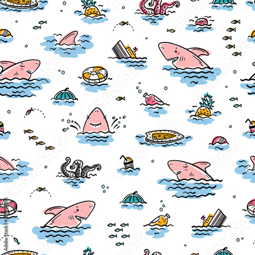 Cartoon Summer Sea Background for Kids. Vector Seamless Childish Pattern with Doodle Cute Shark Smiling Characters and Various Objects and Food Floating or Sinking in Water