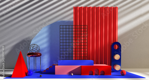 Abstract scene for product presentation in red and blue tones on industrial background
