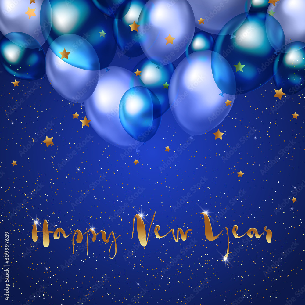 Naklejka premium Happy new year design with festive balloons and golden text