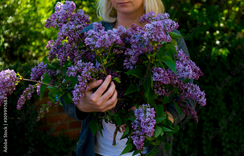 Blonde hair woman in dress posing with bouquet of lilac flowers over white background. Lilac flower in a female hands. Blonde hair woman in dress posing with bouquet of lilac flowers over white background. Lilac flower in a female hands.