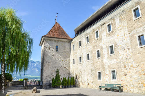 Inner courtyard of the Gothic style Thun Castle in Thun, Switzerland. 12th-century castle is a Swiss heritage site of national significance. Tourist landmark. Historical architecture