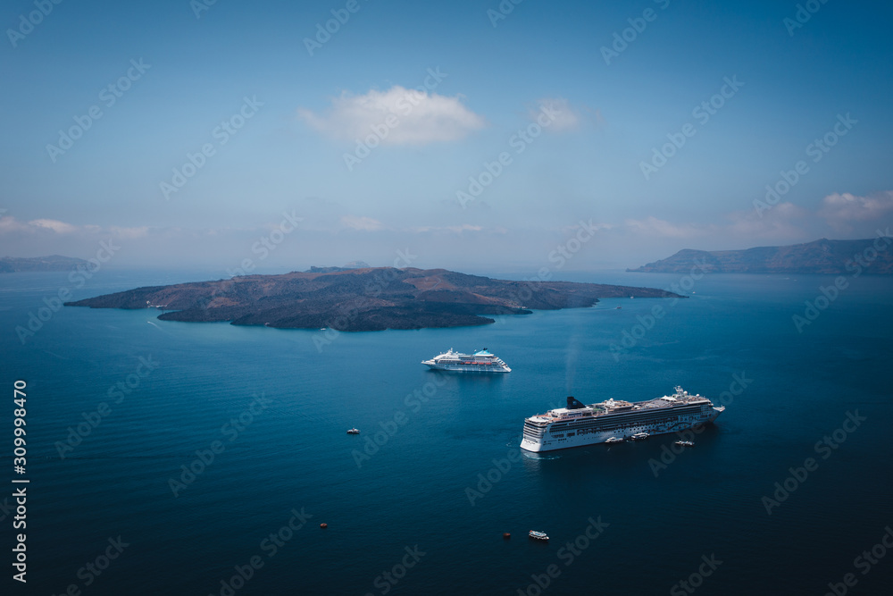 Cruise ship in the Aegean sea in Santorini Island Greece