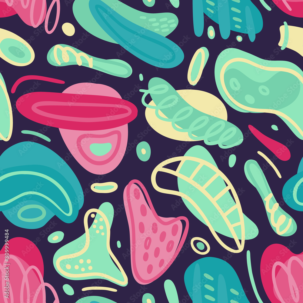 Seamless pattern with hand drawn abstract shapes. Spotted figures. Unique design. Creative background. Modern art. Freehand style. Wallpaper, textile, wrapping, print on clothes. Vector illustration Seamless pattern with hand drawn abstract shapes. Spotted figures. Unique design. Creative background. Modern art. Freehand style. Wallpaper, textile, wrapping, print on clothes. Vector illustration