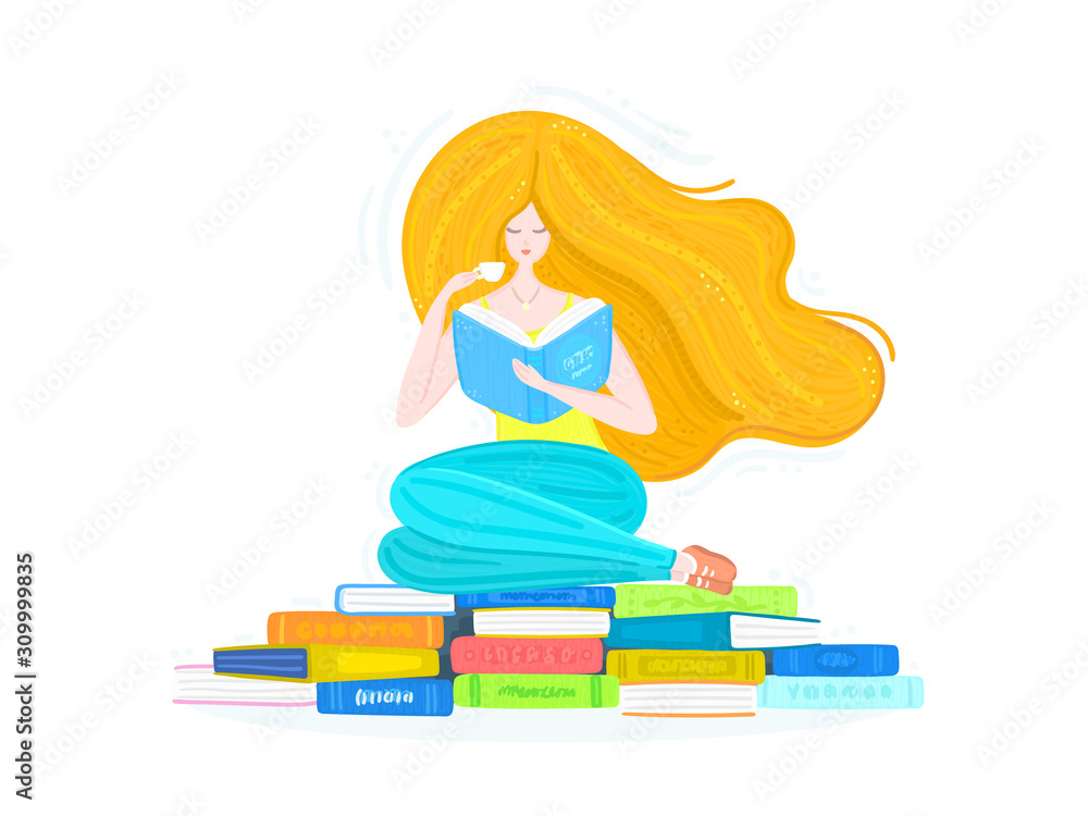 Redheaded girl with pile of books and cup of tea. Bookworm. Reading. Woman is sitting on book stacks. Poster for library, bookstore, publishing house. Advertising banner or postcard. Vector, eps10