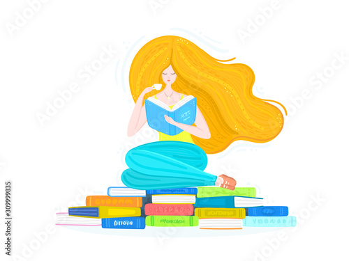 Redheaded girl with pile of books and cup of tea. Bookworm. Reading. Woman is sitting on book stacks. Poster for library, bookstore, publishing house. Advertising banner or postcard. Vector, eps10